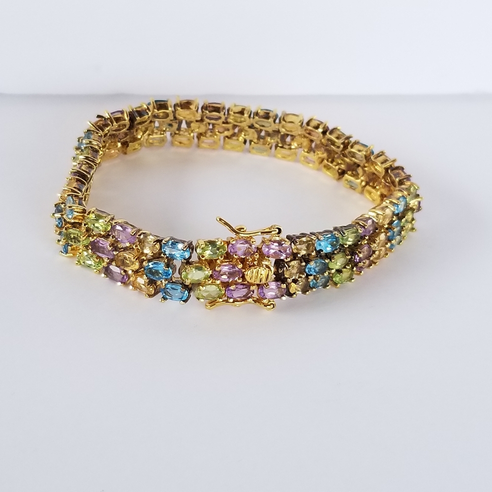 Sterling silver 3 row precious stones bracelet
